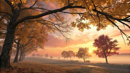 Autumn Sunrise Landscape Misty Field, Golden Trees, Low Angle Composition, Digital Art, Fall Scenery Autumn, Landscape photography