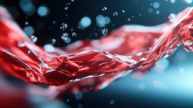 A captivating close-up of vibrant red liquid in motion, showcasing droplets and reflective surfaces, beautifully demonstrating the essence of fluid dynamics and art.