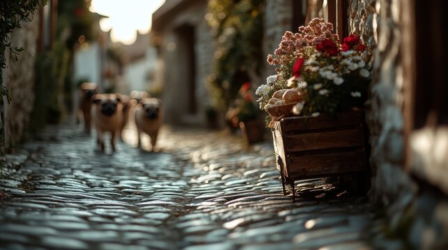 A picturesque cobbled street adorned with vibrant flowers and friendly dogs evokes a sense of nostalgia, charm, and the simple joys of life in a serene village setting.