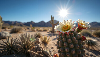 cactus with blooming flowers in a desert landscape under a bright sun