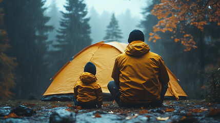Father and Son Camping in the Rain