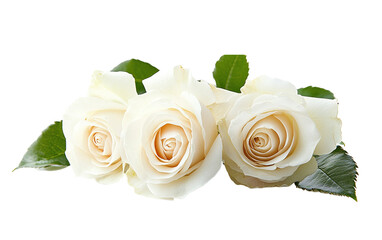 Three white roses are arranged in a row, with their stems sticking out of a leaf