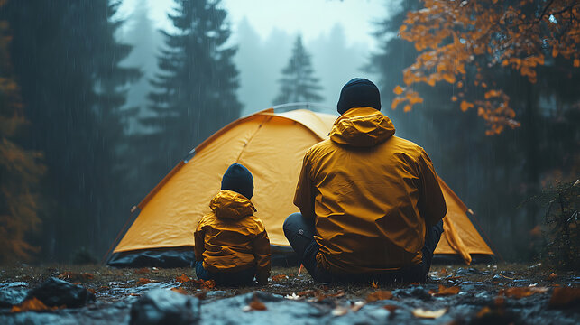 Father and Son Camping in the Rain