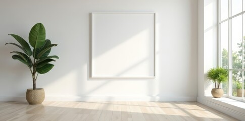 Fototapeta premium Clean white frame interior, minimalist gallery setting , modern, white frame, studio lighting