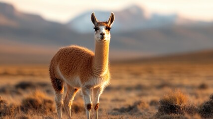 Obraz premium A serene and inquisitive llama stands gracefully on a vast, open landscape, under soft sunlight, capturing the beauty of nature and wildlife in a tranquil setting.