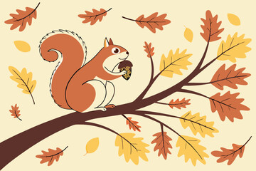 Autumn squirrel on branch with acorn and leaves