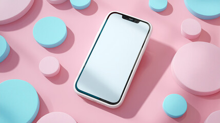 A sleek smartphone rests amidst a minimalist composition of pastel geometric shapes, casting soft shadows that enhance the modern aesthetic and design. 
