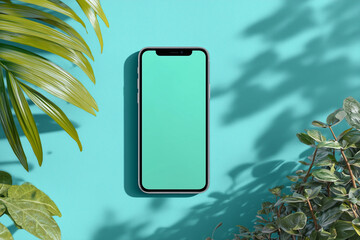 Smartphone mockup with blank screen surrounded by tropical leaves on a blue background.