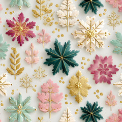 Colorful paper cutouts of various snowflakes and leaves arranged artistically on a light background, showcasing intricate designs and textures for seasonal decoration and craft projects