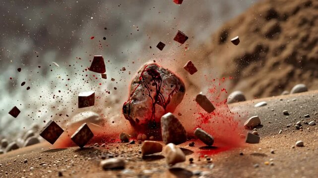A stone stained with blood beating on the floor