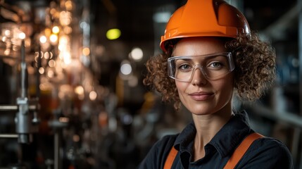 A confident female engineer wearing an orange helmet and safety glasses stands in a factory, illustrating the role of women in industry and engineering fields.