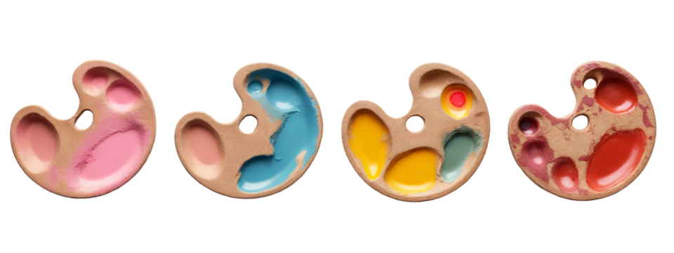 A set of four different colored paint palettes