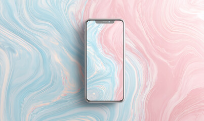 A minimalist mobile phone design with sleek metal casing set against a swirling, marbled backdrop. This image presents a modern aesthetic, ideal for showcasing applications, digital art.