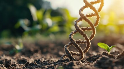 An artistic representation of a DNA helix emerging from the rich soil indicates the connection between agriculture and biotechnology in sustainable farming practices.