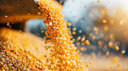 A dynamic image depicting golden corn kernels pouring out from a grain bin, showcasing the agricultural process of harvesting, abundance, and the importance of crops in food systems.