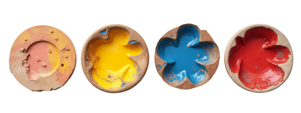 A group of four different colored bowls sitting next to each other.