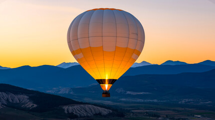Fototapeta premium Hot air balloon floating above mountains at sunset