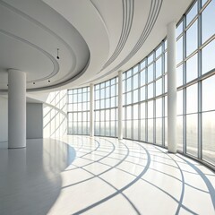 Fototapeta premium Curved Window Wall Modern Office Interior Design, Architecture, Sunlight ,Modern Architecture, Office Space