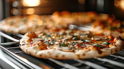 A close-up shot of pizzas baking in an oven, showcasing their appetizing golden crusts topped with fresh ingredients, capturing the essence of culinary delight and comfort food.