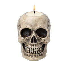 Obraz premium Skull shaped candle holder with lit candle on top creates spooky Halloween ambiance perfect for haunted house decor or Halloween parties