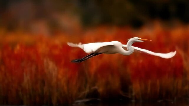A white bird with orange beak flying over a body of water