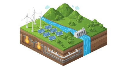 Isometric Clean Energy Ecosystem with Solar and Wind Power