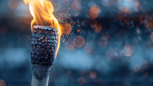 A close-up of a burning torch, showcasing bright flames and flying sparks, symbolizing inspiration, energy, and the light guiding us through darkness.