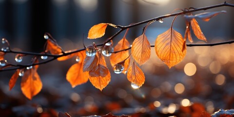 An exquisite close-up of vibrant orange autumn leaves adorned with glistening dew drops in an enchanting bokeh background, capturing the beauty of nature and seasonal transitions beautifully.