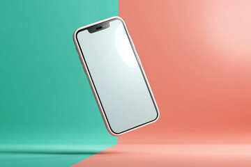 A sleek smartphone hovers effortlessly against a vibrant teal and coral backdrop, showcasing its minimalist design and blank screen ready for your content.