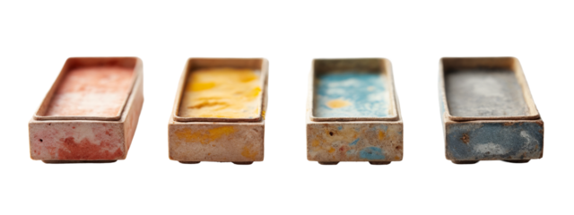 A row of four small rectangular boxes with different colored paint on them.