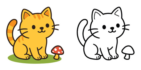 Coloring Book For Kids Cute Cartoon Cat beside tiny mushroom Vector Illustration