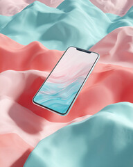 A modern smartphone rests gracefully amidst a vibrant, pastel-colored landscape, inviting the viewer into a world of digital elegance.