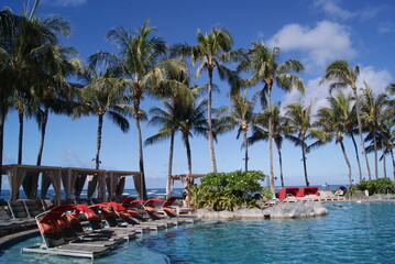 ヤシ並木とプールチェアが広がるリゾート風景