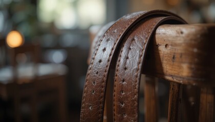 Closeup of brown leather belts on wooden chair