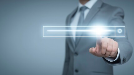 Confident Businessman Using AI-Powered Virtual Search Bar – Minimalist Transparent Interface Symbolizing Smart Asking, Data Retrieval, and Future Business Technology