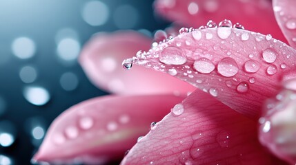 A macro view of a pink flower petal adorned with glistening dew drops, symbolizing freshness, beauty, and the delicate interplay between nature and elegance.