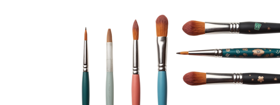 A group of paint brushes sitting next to each other on a white surface.