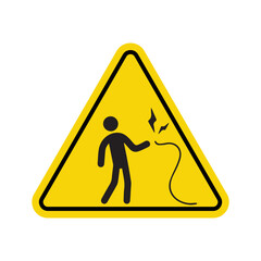 Yellow Triangle Warning Sign with Silhouette of Person Touching Live Wire, Electrical Hazard