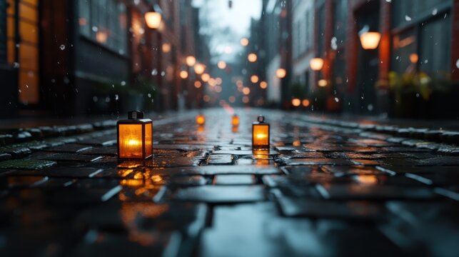 A serene scene of a rainy cobblestone street illuminated by glowing lanterns, creating a magical ambiance that evokes a sense of nostalgia and tranquility in urban settings.