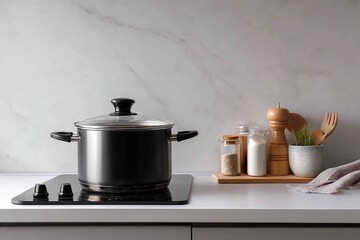 Black pot with clear lid sits on a modern induction cooktop in a kitchen.