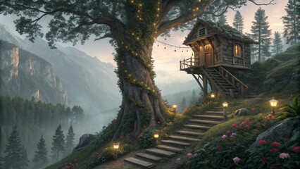 Enchanted Treehouse in Misty Mountains Digital Painting, Fantasy Landscape, Wooden Cabin, Magical Forest Fantasy art, Digital art