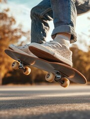 Close-up photo of a person riding a skateboard