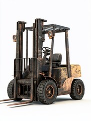An industrial-style forklift with worn textures, showing signs of heavy use, positioned on a white background