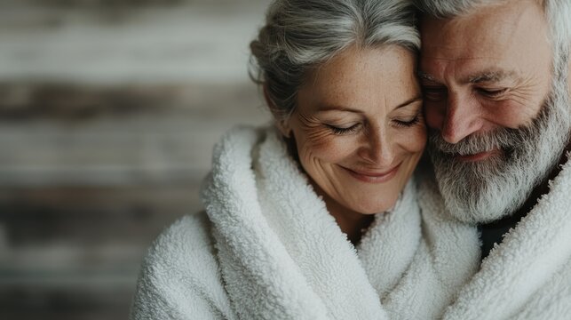 An elderly couple wrapped in soft blankets share a warm embrace, showcasing love and companionship against a simple backdrop of warmth and affection.