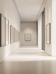 Obraz premium Empty gallery corridor with framed exhibits in muted tones.