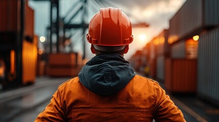 An insightful image capturing a worker in safety gear watching a container yard at sunset, exemplifying diligence and the industrial landscape's atmosphere at dusk.