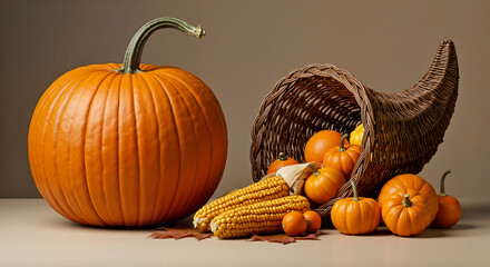 Pumpkin with cornucopia for educational fall posters, thanksgiving infographics or classroom materials