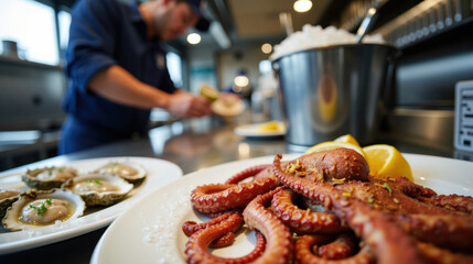 Chef prepares fresh oysters in a professional kitchen with precision and care with copy space