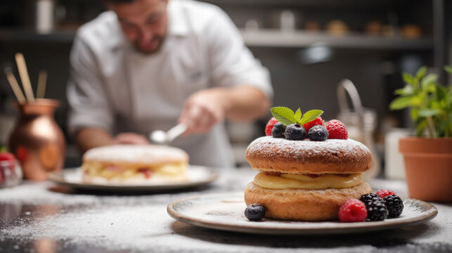 Chef preparing dessert in a professional kitchen showcasing culinary finesse and gourmet presentation with copy space