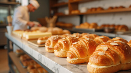 Chef prepares golden croissants with flaky layers in a professional kitchen with copy space